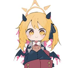Rule 34 | 1girl, black coat, black horns, black wings, blonde hair, blue archive, blush, byako (srktn), closed mouth, coat, collared shirt, demon horns, demon wings, halo, highres, horns, ibuki (blue archive), long hair, shirt, side ponytail, simple background, sleeves past fingers, sleeves past wrists, smile, solo, stuffed animal, stuffed toy, teddy bear, upper body, white background, white shirt, wings, yellow eyes, yellow halo