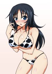 Rule 34 | 1girl, animal print, beige background, bikini, black hair, blue eyes, blush, breast hold, breasts, cleavage, commentary request, cow print, cowboy shot, freckles, girls und panzer, gradient background, groin, halterneck, hand in own hair, izumi (izumi p), large breasts, long hair, looking at viewer, navel, open mouth, print bikini, skindentation, solo, standing, string bikini, swimsuit, yamagou ayumi
