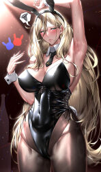 Rule 34 | 1girl, absurdres, alternate costume, animal ears, arm up, bare shoulders, black leotard, blonde hair, blue eyes, blush, breasts, cleavage, covered navel, detached collar, fake animal ears, hair between eyes, highres, kantai collection, kome cola, large breasts, leotard, long hair, pantyhose, playboy bunny, rabbit ears, richelieu (kancolle), strapless, strapless leotard, wrist cuffs
