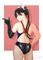 Rule 34 | 1girl, ass, bad id, bad pixiv id, breasts, competition swimsuit, cowboy shot, dated, elbow gloves, from behind, gloves, hand on own hip, hieda (hiedanoaqn), highres, kantai collection, looking back, one-piece swimsuit, profile, signature, single glove, small breasts, solo, swimsuit, tone (kancolle), twintails