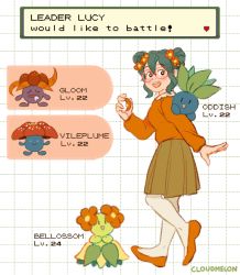 Rule 34 | 1girl, :d, artist self-insert, bellossom, black eyes, blush, breasts, brown skirt, character name, citruslucy, closed eyes, closed mouth, commentary, creatures (company), double bun, english commentary, english text, evolutionary line, facing viewer, fictional persona, flower, game freak, gen 1 pokemon, gen 2 pokemon, glasses, gloom (pokemon), grey hair, hair bun, hair flower, hair ornament, happy, long sleeves, looking at viewer, medium breasts, nintendo, oddish, open mouth, original, pleated skirt, pokemon, pokemon (creature), shoes, short hair, skirt, smile, socks, sweater, vileplume, walking