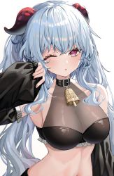 Rule 34 | 1girl, ;o, absurdres, alternate hairstyle, arm up, armpits, bad id, bad twitter id, bare shoulders, bell, belt collar, black bra, black choker, black sleeves, blue hair, bra, breasts, choker, cleavage, collar, collarbone, cowbell, detached sleeves, frills, ganyu (genshin impact), genshin impact, goat horns, highres, horns, lace trim, large breasts, long hair, looking at viewer, midriff, navel, neck bell, one eye closed, parted lips, puffy sleeves, purple eyes, red horns, revision, stomach, twintails, ueng, underwear, upper body