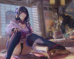 Rule 34 | 1boy, 1girl, bare shoulders, black panties, braid, breasts, cleavage, clothed female nude male, dalin zhu, detached collar, footjob, foreskin, genshin impact, hair ornament, highres, japanese clothes, kimono, large breasts, legs, long hair, long sleeves, looking at viewer, low-braided long hair, low-tied long hair, md5 mismatch, nude, obi, off shoulder, panties, penis, purple eyes, purple hair, purple kimono, purple thighhighs, raiden shogun, resolution mismatch, revision, sash, sitting, source smaller, thighhighs, underwear, wide sleeves