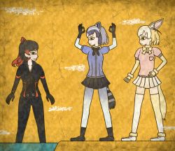Rule 34 | 10s, 3girls, 7kita, animal ears, black bow, black eyes, black footwear, black gloves, black hair, black legwear, black pants, black shirt, black skirt, blonde hair, blue shirt, bow, breasts, cleavage, closed mouth, commentary request, common raccoon (kemono friends), crack, double ok sign, egyptian art, closed eyes, fennec (kemono friends), fox ears, fox tail, from side, full body, fur collar, fur trim, gloves, grey hair, highres, hippopotamus (kemono friends), hippopotamus ears, kemono friends, kita (7kita), large breasts, legs apart, long hair, medium breasts, multicolored hair, multiple girls, ok sign, orange hair, pants, partially submerged, pink sweater, pleated skirt, profile, puffy short sleeves, puffy sleeves, raccoon ears, raccoon tail, shirt, shoes, short hair, short sleeves, skirt, standing, striped tail, sweater, tail, thighhighs, two-tone hair, water, white footwear, white hair, yellow background, yellow bow, yellow gloves, yellow skirt