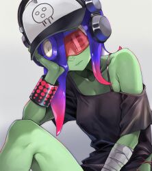 Rule 34 | 1girl, bandaged arm, bandages, baseball cap, black dress, blue hair, breasts, cephalopod eyes, cleavage, closed mouth, colored skin, commentary, dedf1sh, dress, english commentary, eyes visible through eyewear, gradient background, gradient hair, green skin, grey background, hat, headphones, headphones over headwear, highres, jajanome, long hair, looking at viewer, medium breasts, multicolored hair, nintendo, octoling, off shoulder, print headwear, red-tinted eyewear, red hair, sanitized (splatoon), simple background, single bare shoulder, solo, splatoon (series), splatoon 3, splatoon 3: side order, tentacle hair, tinted eyewear, two-tone hair