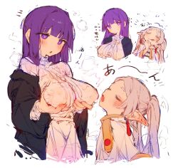 Rule 34 | 2girls, black robe, blush, buttons, capelet, dress, drop earrings, earrings, elf, fern (sousou no frieren), frieren, grabbing, grabbing own breast, hands up, highres, jewelry, multiple girls, multiple views, open mouth, otintin, parted bangs, pointy ears, purple eyes, purple hair, robe, simple background, sousou no frieren, steam, straight hair, thick eyebrows, tongue, tongue out, twintails, white background, white capelet, white dress