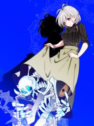 Rule 34 | 1girl, amplifier, antenna hair, aohitsugi nemu, blue background, blush, bracelet, breasts, clothes lift, glowing, hypnosis mic, jewelry, large breasts, orange amplifiers, red eyes, shadow, short hair, silver hair, simple background, skeleton, skirt, skirt lift, smile, solo, suspender skirt, suspenders, sweater, yoruhachi