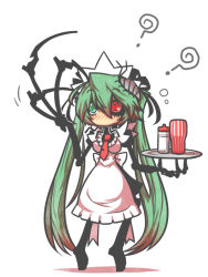 Rule 34 | 1girl, ?, alternate costume, apron, arm up, artificial vagina, baby bottle, black sclera, blush, borrowed character, bottle, bug, calne ca (deino), cockroach, colored sclera, confused, crustacean, green eyes, green hair, hair ribbon, hatsune miku, heterochromia, holding, insect, isopod, jin (mugenjin), long hair, maid, maid apron, maid headdress, matching hair/eyes, mechanical arms, milk, mismatched sclera, necktie, plate, red eyes, ribbon, sex toy, simple background, single mechanical arm, solo, standing, tenga, twintails, very long hair, vocaloid