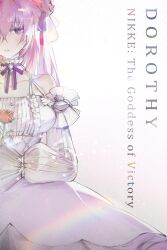 Rule 34 | 1girl, absurdres, bare shoulders, blueblossom, breasts, character name, collarbone, detached sleeves, dorothy (nikke), dress, frilled dress, frills, goddess of victory: nikke, hair bun, highres, large breasts, long hair, looking at viewer, pink hair, purple eyes, solo, white dress