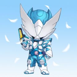 Rule 34 | 1boy, armor, blue armor, blue background, bodysuit, boots, chibi, compound eyes, feathers, green background, grey bodysuit, gun, handgun, highres, holy live, kamen rider, kamen rider live, kamen rider revice, livegun, male focus, onion maru, pistol, two sidriver, upper body, weapon, white eyes, white footwear, wing genome, wings