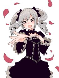 Rule 34 | 1girl, :d, black bow, black dress, blush, bow, dress, drill hair, frilled dress, frilled sleeves, frills, hair bow, head tilt, idolmaster, idolmaster cinderella girls, kanzaki ranko, long sleeves, open mouth, outstretched arm, petals, red eyes, ribbon-trimmed dress, ribbon-trimmed sleeves, ribbon trim, sidelocks, silver hair, simple background, smile, solo, tadanoshi kabane, twin drills, white background, wide sleeves