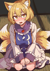 1girl absurdres animal_ear_fluff animal_ears blonde_hair blue_tabard blush breasts commentary_request dress fox_ears fox_girl fox_tail hair_between_eyes hands_on_own_knees highres indoors kneeling kv-san long_sleeves looking_up medium_breasts multiple_tails no_headwear on_floor parted_bangs purple_sleeve_cuffs short_hair solo sweatdrop tabard tail touhou white_dress white_sleeves worried yakumo_ran yellow_eyes