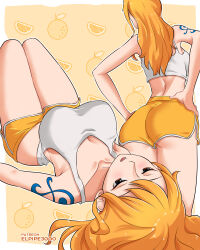 Rule 34 | 1girl, ass, breasts, brown eyes, cleavage, dolphin shorts, elpipe 3000, highres, large breasts, long hair, multiple views, nami (one piece), one piece, open mouth, orange hair, orange shorts, short shorts, shorts, shoulder tattoo, simple background, tank top, tattoo, teeth, upper teeth only, white tank top