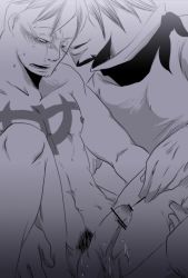 Rule 34 | 2boys, abs, male focus, marco (one piece), monochrome, multiple boys, nude, object insertion, one piece, penis, sounding rod, tattoo, testicles, thatch, urethral insertion, yaoi