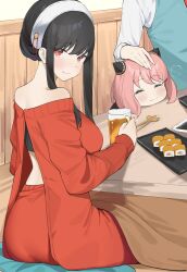 Rule 34 | 1boy, 2girls, absurdres, alcohol, anya (spy x family), ass, back cutout, beer, beer mug, black hair, blue vest, byeon dha, chopsticks, closed mouth, clothing cutout, cup, eating, food, hairband, hairpods, highres, kotatsu, looking at viewer, mug, multiple girls, pink hair, red eyes, red sweater, sitting, spy x family, sushi, sweater, table, twilight, vest, white hairband, yor briar