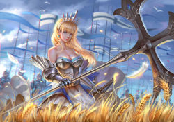 Rule 34 | armor, bare shoulders, bird, blonde hair, blue eyes, blue sky, breasts, character request, cleavage, collarbone, copyright request, day, earrings, feathers, flag, gauntlets, god hunter, helmet, highres, holding, holding weapon, jewelry, knight, long hair, looking at viewer, medium breasts, outdoors, polearm, seagull, shield, sky, solo focus, standing, weapon, wheat, wheat field, white feathers