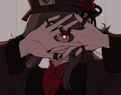 Rule 34 | 1girl, bad id, bad twitter id, black hat, black nails, brown hair, chinese clothes, covered face, fingers together, flower, flower-shaped pupils, genshin impact, hat, hat flower, hu tao (genshin impact), ix1xu, jewelry, long hair, long sleeves, looking at viewer, nail polish, one eye covered, red eyes, red flower, ring, simple background, solo, symbol-shaped pupils, thumb ring