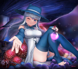 Rule 34 | 1girl, bare shoulders, beleven, blue bow, blue bowtie, blue eyes, blue hair, blue hat, blue lips, blue nails, blue sleeves, blue theme, blush, bow, bowtie, collar, detached sleeves, dress, frilled collar, frilled dress, frills, grey hair, hair between eyes, hat, highres, kemono friends, kemono friends 3, komodo dragon (kemono friends), lizard tail, long hair, looking at viewer, multicolored hair, mushroom, nail polish, no shoes, official alternate costume, potion, reptile girl, scales, sidelocks, smile, solo, sun hat, sundress, tail, thighhighs, toeless legwear, white dress, white hair, zettai ryouiki
