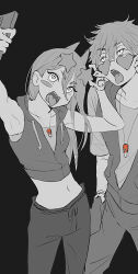 Rule 34 | 1boy, 1girl, chainsaw man, crop top, cross-shaped pupils, denji (chainsaw man), grey background, greyscale, hair between eyes, heart, heart-shaped eyewear, highres, holding, holding phone, hood, hoodie, horns, long hair, looking at object, looking up, midriff, monochrome, open mouth, phone, pochita (chainsaw man), power (chainsaw man), sharp teeth, short hair, simple background, sleeveless, sleeveless hoodie, spot color, star-shaped eyewear, star (symbol), symbol-shaped pupils, taking picture, teeth, tongue, tongue out, zemzk