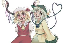 Rule 34 | 2girls, arms behind back, black headwear, blonde hair, blouse, breasts, cactyysart, collared shirt, cowboy shot, crystal, flandre scarlet, frilled shirt collar, frilled sleeves, frills, green hair, happy, hat, head tilt, heart, heart of string, highres, long sleeves, looking at viewer, medium hair, mob cap, multicolored wings, multiple girls, one side up, puffy short sleeves, puffy sleeves, red skirt, red vest, shirt, short sleeves, simple background, skirt, small breasts, smile, teeth, third eye, touhou, upper teeth only, vest, white background, white headwear, white shirt, wide sleeves, wings, yellow shirt