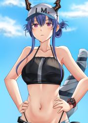 Rule 34 | 1girl, arknights, bare arms, bare shoulders, baseball cap, bikini, black bikini, blue hair, blue sky, blush, breasts, ch&#039;en (arknights), ch'en (arknights), cloud, commentary, day, dragon horns, female tourist c (arknights), hair between eyes, hands on own hips, hat, heart, highres, horns, horns through headwear, long hair, looking at viewer, medium breasts, navel, official alternate costume, purple eyes, sidelocks, sky, solo, springveiv, stomach, swimsuit, upper body, watch, white hat, wristwatch
