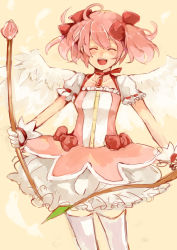 Rule 34 | 10s, 1girl, ^ ^, absurdres, angel wings, arrow (projectile), bad id, bad pixiv id, blush, bow, bow (weapon), closed eyes, hair bow, happy, highres, kaname madoka, magical girl, mahou shoujo madoka magica, mahou shoujo madoka magica (anime), pink hair, shishina, short hair, short twintails, solo, thighhighs, twintails, weapon, white thighhighs, wings