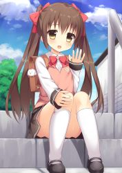 Rule 34 | 1girl, :d, backpack, bad id, bad pixiv id, bag, bag charm, black footwear, black skirt, blue sky, blush, bow, bowtie, brown hair, charm (object), cloud, collared shirt, commentary request, convenient leg, day, fingernails, flower, hair between eyes, hair bow, hand on own knee, heart, highres, kneehighs, long hair, long sleeves, looking at viewer, mary janes, open mouth, original, outdoors, pink sweater, pleated skirt, railing, red bow, red bowtie, school bag, school uniform, shirt, shoes, sidelocks, sitting, sitting on stairs, skirt, sky, sleeves past wrists, smile, socks, solo, stairs, stone stairs, stone wall, sweater, sweater vest, tree, twintails, usagino suzu, wall, waving, white shirt, white socks, yellow eyes