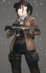 Rule 34 | 1girl, assault rifle, baseball cap, brown eyes, brown hair, commentary, fn scar, gloves, grey background, gun, hat, holding, holding weapon, jacket, kfr, matching hair/eyes, pants, ponytail, revision, rifle, scarf, scope, snow, solo, thigh strap, tom clancy&#039;s the division, trigger discipline, unzipped, weapon