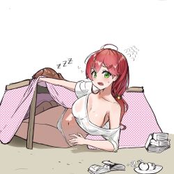 2girls :o ahoge bare_shoulders book breasts cleavage english_text flustered food fruit green_eyes hololive inugami_korone kotatsu large_breasts long_hair looking_at_viewer lovelyme midriff multiple_girls panties red_hair revealing_clothes sakura_miko sleeping table thick_thighs thighs underwear virtual_youtuber white_background zzz