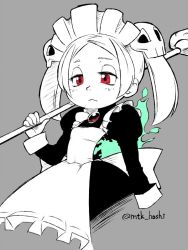 Rule 34 | 1girl, bloody marie (skullgirls), brooch, broom, fire, frown, grey background, greyscale, hair ornament, half-closed eyes, jewelry, maid headdress, monochrome, mtk hoshi, red eyes, skull hair ornament, skullgirls, solo, spot color, twintails, upper body