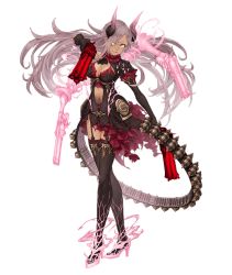 Rule 34 | 1girl, ammunition belt, bandolier, black gloves, breasts, bullet, canister, cinderella (sinoalice), cracked skin, dark skin, dark-skinned female, extra arms, frills, full body, garter straps, gloves, grey eyes, grin, gun, hair over one eye, handgun, high heels, horns, ji no, large breasts, long hair, looking at viewer, navel, official art, purple hair, quadruple wielding, revolver, sinoalice, smile, solo, thighhighs, torn clothes, transparent background, very long hair, weapon