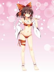 Rule 34 | 1girl, barefoot, bikini, bow, breasts, bridal garter, brown hair, cleavage, closed mouth, commentary request, detached sleeves, full body, gohei, hair between eyes, hair bow, hair tubes, hakurei reimu, hand on own hip, holding, jewelry, leg ribbon, long sleeves, looking at viewer, maturiuta sorato, medium breasts, navel, necklace, red bikini, red bow, red eyes, ribbon, ribbon-trimmed sleeves, ribbon trim, short hair, sidelocks, smile, solo, standing, swimsuit, touhou, wide sleeves