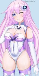 Rule 34 | 1girl, bare shoulders, blue eyes, blush, breasts, covered navel, curvy, elbow gloves, gloves, hair between eyes, highres, large breasts, leotard, long hair, looking at viewer, nepgear, neptune (series), one eye closed, pink hair, power symbol, purple hair, purple sister, skin tight, skindentation, smile, solo, stiris rangetsu, symbol-shaped pupils, thick thighs, thighs, very long hair, white gloves, white leotard, wink