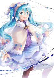 Rule 34 | 1girl, :d, blue eyes, blue hair, blue skirt, blush, brown footwear, capelet, cherim, floating hair, hair between eyes, hat, hatsune miku, layered skirt, leg up, long hair, looking at viewer, open mouth, outstretched arms, pantyhose, purple sweater, skirt, smile, solo, sweater, twintails, very long hair, vocaloid, white background, white pantyhose, winter clothes
