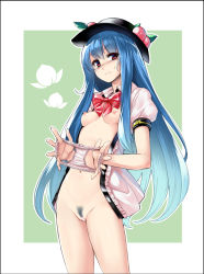 Rule 34 | 1girl, bad id, bad pixiv id, bar censor, blue hair, blush, bottomless, bow, breasts, censored, female pubic hair, food, framed, fruit, hat, hinanawi tenshi, holding, holding clothes, holding panties, holding underwear, long hair, looking at viewer, navel, nipples, no bra, open clothes, open shirt, panties, unworn panties, peach, perky breasts, pink panties, presenting removed panties, pubic hair, puffy sleeves, red eyes, shirt, short sleeves, small breasts, solo, standing, takemori shintarou, touhou, underwear, very long hair
