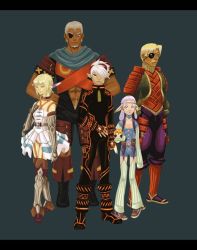 Rule 34 | 2girls, 3boys, animal ears, bare shoulders, belt, blonde hair, blue scarf, boots, breath of fire, breath of fire v, brown vest, buttons, choker, collarbone, cupid, dark skin, dark-skinned male, deamoned, dragon, dress, earrings, elyon, expressionless, eyepatch, closed eyes, facial hair, full body, garter straps, gauntlets, grey background, grey hair, hortensia, jewelry, jezuit, long sleeves, looking at viewer, monster, multiple boys, multiple girls, muscular, mustache, no humans, open clothes, open vest, pink hair, red eyes, scarf, short hair, shoulder pads, simple background, sleeves past wrists, thigh boots, thighhighs, vest, white legwear