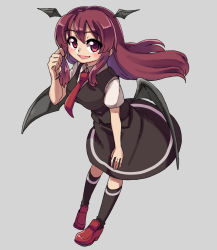 Rule 34 | 1girl, :d, black socks, blush, breasts, full body, grey background, head wings, highres, kneehighs, koakuma, long hair, looking at viewer, medium breasts, necktie, open mouth, puffy sleeves, red eyes, red hair, red neckwear, renshirenji, shirt, shoes, simple background, skirt, skirt set, smile, socks, solo, touhou, vest, white shirt, wings