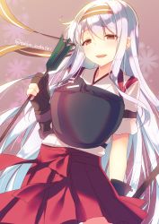 Rule 34 | 10s, 1girl, arrow (projectile), bad id, bad nicoseiga id, bow (weapon), gloves, hairband, hakama, hakama short skirt, hakama skirt, highres, japanese clothes, kantai collection, long hair, looking at viewer, miko, muneate, partially fingerless gloves, partly fingerless gloves, pleated skirt, red skirt, shoukaku (kancolle), skirt, smile, solo, tahya, twitter username, weapon, white hair, yugake
