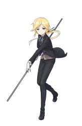 Rule 34 | 1girl, androgynous, black footwear, black necktie, black pants, blonde hair, blue eyes, chris (princess principal), full body, gloves, highres, holding, holding staff, long hair, looking at viewer, necktie, official art, pants, ponytail, princess principal, princess principal game of mission, shoes, solo, staff, standing, transparent background, vest, white gloves