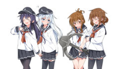 Rule 34 | 10s, 4girls, ?, akatsuki (kancolle), anchor, anchor symbol, arms behind back, badge, black legwear, blue eyes, blush, breasts, brown eyes, brown hair, commentary request, covering privates, covering crotch, closed eyes, fang, flat cap, folded ponytail, hair between eyes, hair ornament, hairclip, hand on own hip, hand on own chest, hat, hibiki (kancolle), highres, holding, ikazuchi (kancolle), inazuma (kancolle), kantai collection, long hair, long sleeves, messy hair, mtu (orewamuzituda), multiple girls, neckerchief, open mouth, pantyhose, pleated skirt, red neckerchief, school uniform, serafuku, short hair, silver hair, simple background, skirt, skirt tug, small breasts, smile, socks, thighhighs, uniform, veins, white background