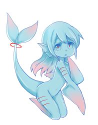 Rule 34 | 1girl, blue eyes, blue hair, blue sclera, blue skin, colored sclera, colored skin, filet (kai himo), fins, fish tail, full body, gills, gradient hair, head fins, kai himo, long hair, looking at viewer, monster girl, multicolored hair, no feet, no hands, nude, original, parted lips, pink hair, red pupils, seiza, shark girl, simple background, sitting, solo, tail, white background