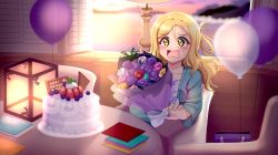 Rule 34 | 1girl, absurdres, aqua jacket, artist name, artist request, bag, balloon, blonde hair, blush, bouquet, braid, breasts, brown eyes, cake, chair, cloud, collarbone, crown braid, female focus, flower, food, green eyes, hair rings, highres, holding, holding bouquet, indoors, jacket, letter, looking at viewer, love live!, love live! school idol festival, love live! sunshine!!, ohara mari, on chair, parted lips, plate, purple balloon, shirt, shocking party, short hair, sitting, sky, smile, solo, strawberry cake, sunset, surprised, table, upper body, white balloon, white shirt, window, yellow eyes