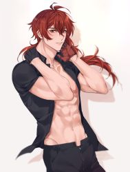 Rule 34 | 1boy, abs, black pants, black shirt, brief, diluc (genshin impact), genshin impact, hair ornament, highres, long hair, low ponytail, male focus, male underwear, muscular, muscular male, navel, open clothes, open mouth, open shirt, pants, ponytail, red eyes, red hair, rourouki, shirt, simple background, smile, thick eyebrows, underwear, white background