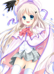 Rule 34 | 1girl, :d, blonde hair, blue eyes, bow, cape, fang, hat, kuma sennin, little busters!, long hair, noumi kudryavka, open mouth, pink bow, school uniform, smile, solo, thighhighs, white thighhighs