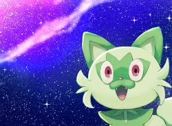 Rule 34 | a-kiraa (whisper), creatures (company), fangs, game freak, highres, meme, nintendo, open mouth, pokemon, pokemon (creature), red eyes, solo, space, space cat (meme), sparkle, sprigatito, star (symbol), starry background, tongue, wide-eyed
