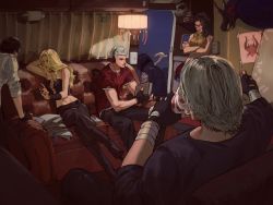 Rule 34 | 3boys, 3girls, arm tattoo, arm up, arm wrap, black gloves, black pants, black shirt, blonde hair, book, boots, cable, cane, capcom, cassette player, ceiling light, closed eyes, coat, commentary, corset, couch, crop top, crossed arms, crossed legs, cup, dante (devil may cry), devil may cry (series), devil may cry 5, drawing, eating, facing away, fingerless gloves, from behind, full body, gloves, headphones, high heel boots, high heels, holding, holding book, holding cup, holding spoon, jacket, lady (devil may cry), long hair, multiple boys, multiple girls, nero (devil may cry), nico (devil may cry), night, nobou (32306136), pants, paper stack, parfait, red shirt, shirt, short hair, short sleeves, silver hair, sitting, sleeveless, sleeveless coat, sleeves rolled up, spoon, standing, tattoo, trish (devil may cry), v (devil may cry), white jacket, yellow shirt