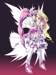 Rule 34 | 10s, 2girls, alternate costume, boots, bow, carrying, crescendo cure melody, cure melody, cure melody (crescendo), cure rhythm, eyelashes, full body, futago monad, gradient background, highres, houjou hibiki, image sample, knee boots, magical girl, md5 mismatch, minamino kanade, multiple girls, pink bow, pixiv sample, precure, princess carry, resized, simple background, suite precure, wings
