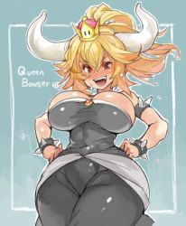 Rule 34 | 1girl, bare shoulders, blonde hair, blue eyes, bowsette, bracelet, breasts, collar, crown, dress, horns, jewelry, large breasts, mario (series), new super mario bros. u deluxe, nintendo, ponytail, sachito, spiked bracelet, spiked collar, spikes, super crown