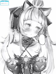 Rule 34 | ..., 1girl, animal ears, bare shoulders, blush, cat ears, closed mouth, criss-cross halter, crown, detached sleeves, dress, greyscale, halterneck, highres, hololive, long hair, long sleeves, looking away, mini crown, monochrome, murasaki shion, murasaki shion (gothic lolita), nanashi (nlo), simple background, solo, spoken ellipsis, twintails, upper body, virtual youtuber, white background