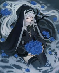 Rule 34 | 1girl, absurdly long hair, arknights, black capelet, black dress, black headwear, black thighhighs, blue flower, blue rose, bouquet, breasts, capelet, dress, flower, habit, hair between eyes, highres, holding, holding bouquet, jewelry, long hair, looking at viewer, necklace, nun, partially submerged, red eyes, rose, seiza, silver hair, sitting, smile, specter (arknights), thighhighs, very long hair, water, xiang wan wei wan